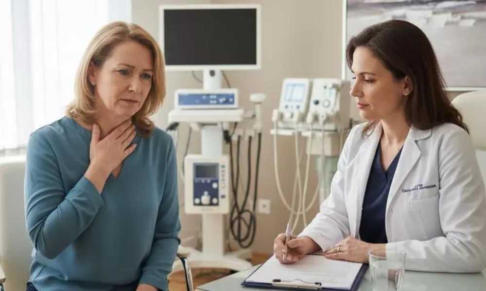 Female gastroenterologist explaining difficulty swallowing and dysphagia to a patient during a consultation in Tomball, TX